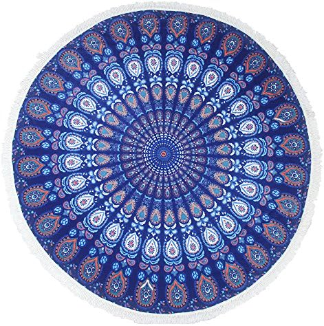 Leana Round Beach Towel Thick Terry with Fringe Tassels - Various Designs & Colors (Purple Mandala)