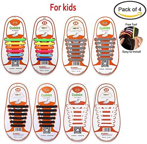 4 Pair No Tie Elastic Silicone Rubber Shoelace&amp;Lazy shoelaces for Adult Kids and Athletes (Kids(Black+White+Gray+Mix-color))