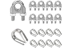 Anyasen 10 pezzi M6 fune metallica morsetto clip cavo acciaio inossidabile, con 10 pezzi fune cavo ditale acciaio inox, per 6mm fune metallica