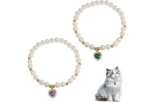 QACUU 2pcs Vintage Cute Cat Necklace Elegant Pearl Collar Set with Heart Crystal Pendant, Stylish Beaded Dog Collar Charming Pet Necklace Jewelry for Puppies Kittens and Small Pets