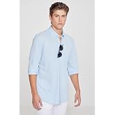 AC&amp;Co/Altınyıldız Classics Erkek A&ccedil;ık Mavi Pamuklu Tailored Slim Fit Dar Kesim D&uuml;ğmeli Yaka &Ouml;rme G&ouml;mlek