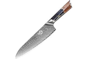 MITSUMOTO SAKARI Couteau Japonais de 22 cm, Couteau de Cuisine professionnelle Damas, Couteaux de Cuisine Santoku Forgés à la Main (Manche en Bois de Rose et Boîte Cadeau)