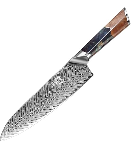 Coltello Santoku Giapponese Yamomoto, Lama Damasco 18 Cm, Manico In Pakkawood, In Scatola Regalo Magnetica