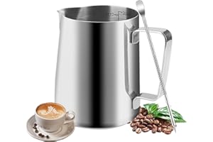 Salubohum Pot à Lait, 350ml Mousseur à Lait, Pichet Lait Inox avec Échelle, Aiguille pour Latte Art Incluse, Adapté aux Baristas pour la Préparation de Cappuccino, Espresso et Latte (Argent)