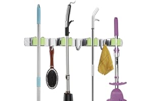 Colgador de Escobas y Fregonas de Acero Inoxidable, TUOHBOVA Organizador Adhesivos Soporte para Fregonas y Cepillas con 4 Posiciones y 3 Ganchos para Cocina, Baño, Garaje,Verde