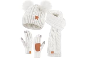 Winuesa Mütze, Schal & Handschuh-Sets für Damen, Beanie Mütze Damen Winter mit Bommel Fleece Gefütterte, Touchscreen Handschuhe Schal Cap 3 in 1 Set