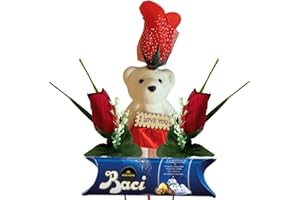 NARAMAKI Baci Perugina Idee Regalo San Valentino 2024 - Baci Perugina Tubo 37,5g + 2 Rose Rosse Artificiale + Decorazione Orsetto Polistirolo