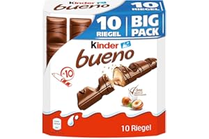 ‎KINDER kinder bueno Big Pack – Schokoriegel mit knuspriger Waffel, feiner Milch-Haselnuss-Cremeund zarter Vollmilchschokolade – 1 Großpackung mit 10 einzeln verpackten Riegeln (10 x 21,5 g)