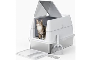 FURTIME Cat Litter Box High Sided Stainless Steel Litter Tray with Lid, 60cm Enclosed Metal Extra Large Litter Tray for Big Cat, Enclosed and Open Type Dual-Use, 60x40x45cm