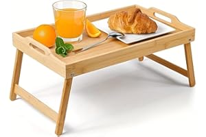 Avilia Vassoio per Colazione a Letto in Bambù con Piedini Pieghevoli - Elegante Tavolino da Letto per Colazione - Vassoio Multifunzionale - 50x30x21cm (Legno Naturale)