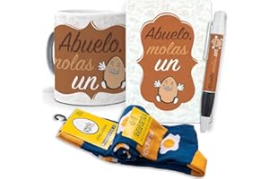 MUNDOHUEVO Super Regalo Personalizado para Abuelos. Abuelo molas un Huevo. Taza, libreta, boli y Trio de Calcetines