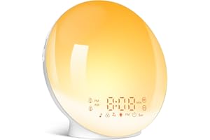 BAOZILY Réveil Lumineux, Eveil Lumière LED Radio Réveil, Lumineux Lampe De Chevet Simulateur d'Aube Et Crépuscule, 11 Couleurs 20 Niveaux De Luminosité 2 Réveils Fonction Snooze 8 Sons