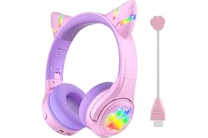 Riwbox CF9 Kinder-Bluetooth-Kopfhörer, Katzenohr-Kopfhörer mit LED-Licht, Boom-Mikrofon und integriertem Mikrofon für Anrufe, 85 dB Lautstärke, begrenzte Kinder-Kopfhörer, kabellos und kabelgebunden,