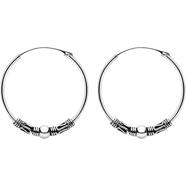 Créoles Ethniques Bali Argent 925 - Boucles D'oreilles Anneaux Femme, Argent Massif
