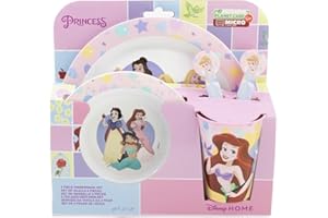 GOLDDUNES Microwave Safe 5pcs Character Animation 2023 Cartoon Dinner Tableware Set Plate, Bowl, Cup, Fork, Spoon BPA Free re-usable Plastic (Princess)