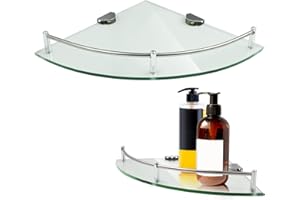 UKCOCO Lot de 2 étagères d'angle en verre pour salle de bain, fixation murale, support réglable pour gel douche et shampooing avec rail, étagères flottantes en acier inoxydable pour rangement de salle