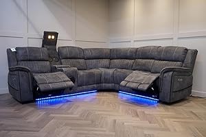 GENERIC Geneva Pro Fabric Electric Recliner Corner Sofa With Cup Holders - Fabric Corner Sofa With Cooling Cup-Holders/LED Lights/Bluetooth Speakers/Wireless Charging Pad/USB Charging Ports (Grey)