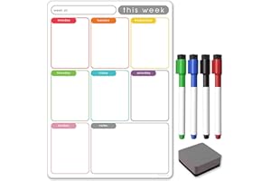The Magnet Shop TMS Agenda settimanale magnetica A4/Bacheca promemoria– Lavagna bianca, lista della spesa e pianificatore dei pasti – 4 penne magnetiche cancellabili a secco (Color Memo, A4)