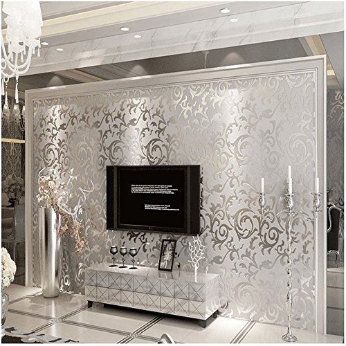 QIHANG Qualitäts-Silber Grau Viktorianischer Damast Geprägte Strukturierter nichtgewebte Tapete Rolle 0.53m (20,8 ") * 10m (32.8 ') = 5.3㎡ (57 sq feet)