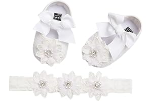 Carolilly 2 Pz Set Scarpe Primi Passi Bowknot Battesimo da Neonata Infantile Scarpine Neonato Principessa AntiScivolo con Fiore +Fascia Neonata