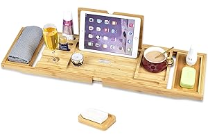 NUKIED Bandeja de Baño de Madera para Bañera|Organizador Ajustable Extensible para bañera|Andeja de baño con Soporte para Copa de Vino|iPad|móvil y más|Bandeja de Baño Regalo Distintivo para Navidad