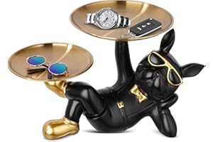 AUTUMNDEER Französische Bulldogge Tablett Deko, Bulldogge Schlüsselschale Schlüssel Aufbewahrungs, Coole Französische Bulldogge Figur mit Tablett, Hunde Skulptur Aufbewahrungsbox für Schlüssel Süssigkeit