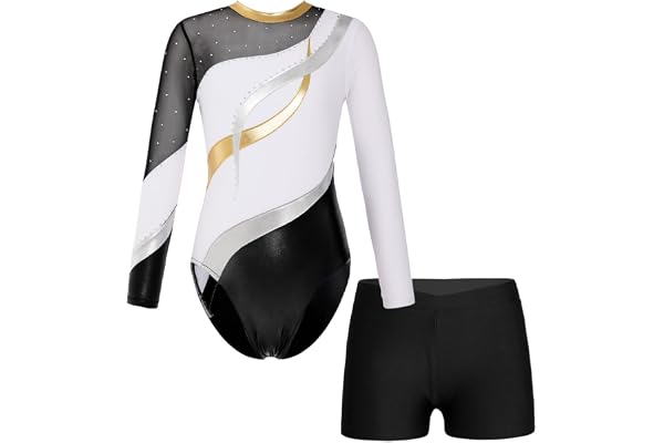 Runhomal Enfant Fille Justaucorps Gymnastique Manches Longues avec Short Métallique Brillant Tenue Patinage Artistique Leotard Danse Ballet Bodysuit 5-14 Ans