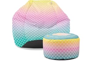 rucomfy Beanbags Mermaid Ombre Kids Classic Bean Bag, Comfortable Home and Bed Room Chair, Pre-Filled, Durable & Machine Washable - 65 x 85cm (With Matching Footstool)