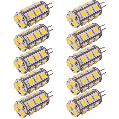 ArlyMama , 10 unidades (10 piezas/Lote) G4 de 18 LED (15 + 3) bombilla 3,5 Watt bombillas halógenas de AC DC 12 V Color blanco cálido 5050 Undimmable emisor Quivalent A 30 W de bombilla incandescente