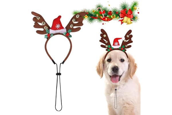 Qpets Dog Christmas Headband, Elk Horn Dog Headband with Santa Hat & Adjustable Chin Strap, Lovely Cartoon Santa Claus Hat Xmas Party Accessories with Bell Festive Photo Prop for Dogs & Cats