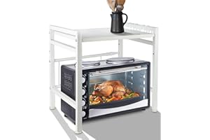 Drumm Mobile portaoggetti da cucina, supporto forno a microonde con 2 livelli di ripiano estensibile in altezza e larghezza con 3 ganci per appendere gli utensili da cucina