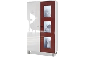 Vladon Vitrine Denjo, Made in Germany, Standvitrine mit 2 Türen und 3 Glaseinsätzen, Weiß matt/Weiß Hochglanz und Bordeaux Hochglanz inkl. LED-Beleuchtung (71 x 129 x 35 cm)