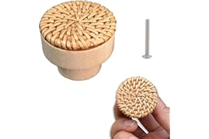 BOOLSFMAM Poignées de Placard Rotin, Boutons de Tiroir en Bois, Poignée Meuble Bohème pour Armoire, Bureau, Cuisine