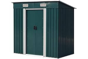 COZYBRITE Garden Storage Shed Metal 6 x 4 FT Outdoor with Base Vents Lockable Sliding Doors Sloped Pent Roof for Patio Backyard Bike Tool All-Weather (Green)