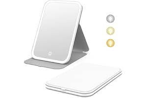 Kintion Travel Makeup Mirror, Portable LED Lighted Makeup Mirror, 360° Rotation Touch Screen Vanity Mirror, 3-Color Dimmable Lighting, Rechargeable Tabletop Folding Cosmetic Mirror, White