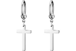 JewelryWe Cross Earrings,Glossy Stainless Steel Dangle Earrings Hoop Ear Rings for Men Women(Silver)