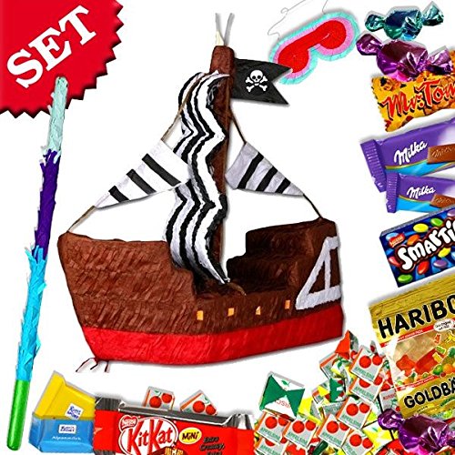 Pinata Piratenschiff mit Süßigkeiten-Pinatafüllung, Keule +Maske f.Piratenspiele