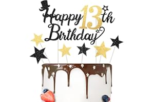 Glitter Happy Birthday Cake Topper Black Gold Gliter Happy 13th Birthday Cake Topper for Boys 13th Birthday Cake Decorations 7PCS by RichMoho