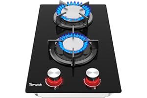 Topwish cocina de gas butano 2 fuegos, cocina de gas dos fuegos, placa de cocina encastrable 30cm con rojo mando giratorio iluminado, NG/LPG convertible, protección contra apagado de llama, 4750W