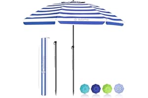 BelleMax Parasol de Plage Exterieur, avec ancre de sable 12 cm & Sac de Parasol, Inclinable sur 30°, Hauteur réglable, pour Balcon, Plage, Terrasse, Protection Solaire UV50 +,Bleu-Blanc,200 cm
