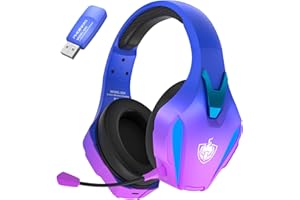 PHOINIKAS Auriculares Gaming Inalámbricos, Cascos Gaming para PS4/PS5/PC, Cascos Inalambricos con Micrófono Cancelación de Ruido Desmontable, 7.1 Estéreo, Luz LED (Morado)