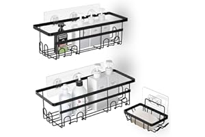 GOOPOOL Estanteria Ducha Sin Taladro con un Jaboneras Estanteria Baño con Adhesivo Pegatinas Organizador Ducha para Champú y Gel de Baño Repisas para Baño Antióxido, 3 Piezas Negro