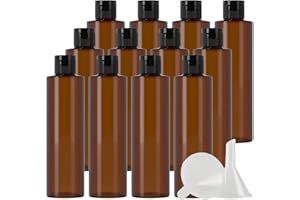 ZEOABSY 12 Pièces 250 ML Marron Bouteille en Plastique avec Bouchon à Charnière Noir, Épaule Plate Vider Bouteille Ronde en PET de Voyage pour Cosmétiques Liquides