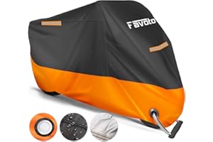 Favoto Housse de Protection Imperméable pour Moto Couverture 210D avec Bande Réfléchissante Résistant aux Poussière Pluie Neige UV Vent Soleil Déjections d'oiseaux, 245x105x125cm Noir+Orange