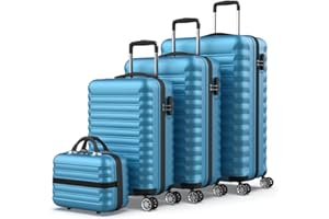 NUMADA - Juego Maletas 4pzs, Grande 75x49x29,5cm, Mediana 63x39,5x26,8cm, Pequeña 53x33,5x22cm y Neceser, ABS, Rígidas, Resistentes, 4 Ruedas Dobles, Ligeras, Candado Combinación Lateral