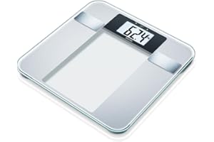 Beurer BG 13 Pèse-personne, impédancemètre en verre avec grand écran LCD, mesure le poids, la graisse corporelle, l'eau corporelle, le pourcentage de muscles et l'IMC