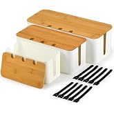 BOPEUY 3 Pieces Cable Organizer Box, Cable Organizer Box with Bamboo Lid, Cable Organizer Box with Holes Up and Sides, Cable