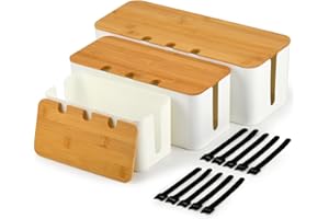 BOPEUY Lot de 3 Blanc Boite Rangement Cable avec Couvercle Bambou, Boite Cache Cable, Boite Cache Cable Multiprise, Boite Range Cable, Cable Organizer, Boite Cable Electrique pour Maison Bureau, L/M/S
