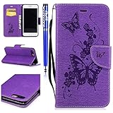 FESELE Schutzhülle für [iPhone 7 Plus] Schmetterling Blumen Prägung Brieftasche Hülle Leder Tasche Flip Case Handyhülle mit Standfunktion und Magnetverschluss, iPhone 7 Plus Flip Hülle Bookstyle Lanyard Wallet Cover Kartenfach Ledertasche Leder-Mappen-Karten-Slot-Abdeckung für iPhone 7 Plus + Blau Eingabestift Stylus Touch Pen-Schmetterling,lila