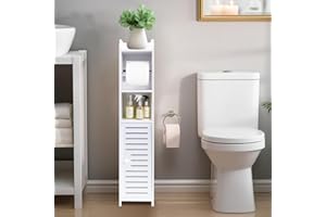 powerking Toilet Paper Roll Holder Stand for Small Space, White Toilet Storage for Restroom Cabinet with Doors and Shelves, Slim Floor Standing Display Cabinet